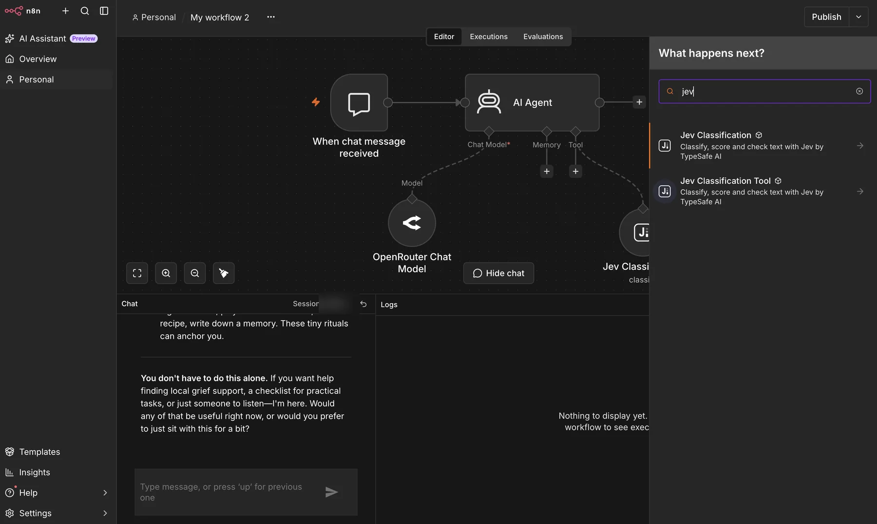 n8n AI Agent workflow connected to an OpenRouter Chat Model and Jev Classification Tool