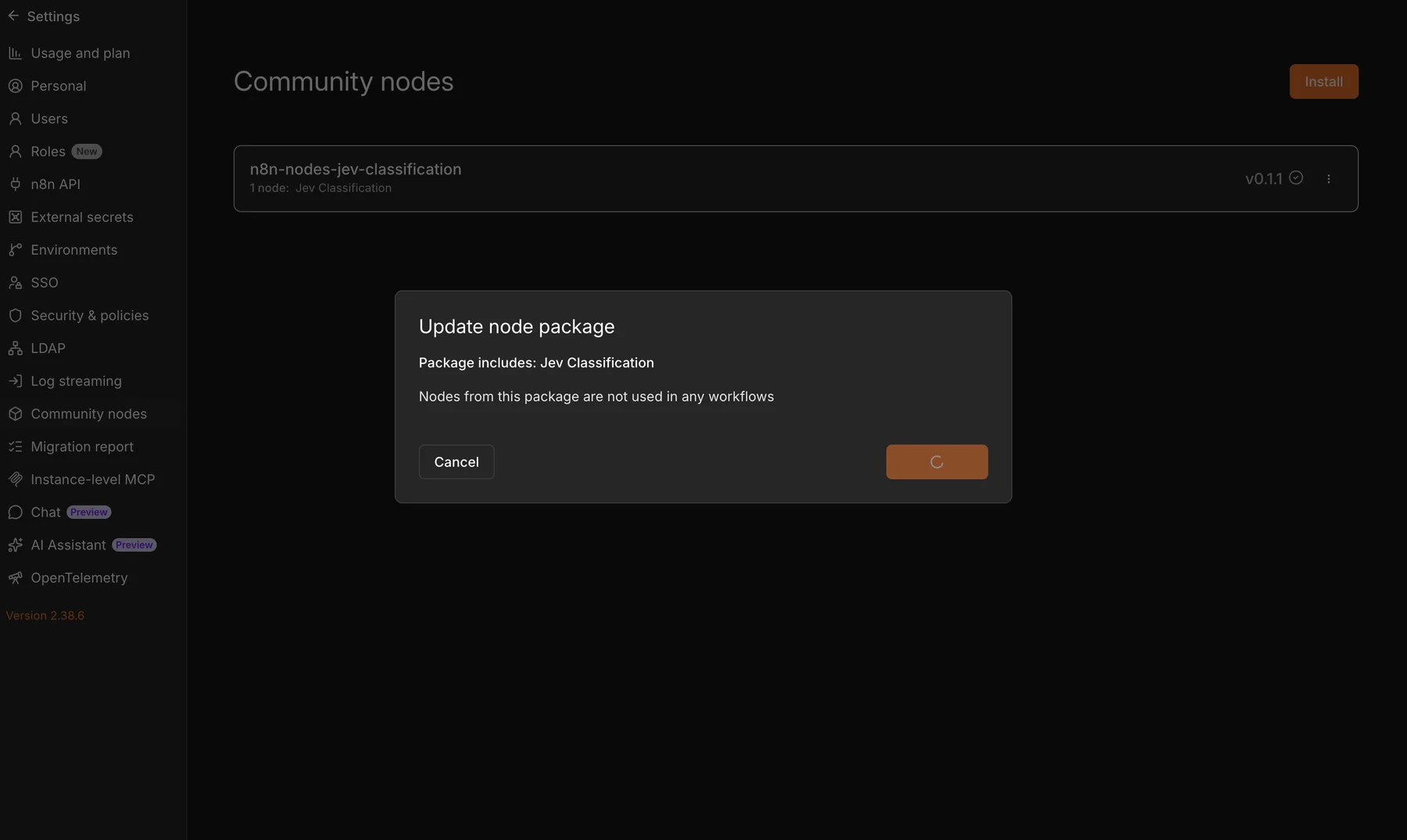 n8n Community Nodes settings showing n8n-nodes-jev-classification version 0.1.1 installed
