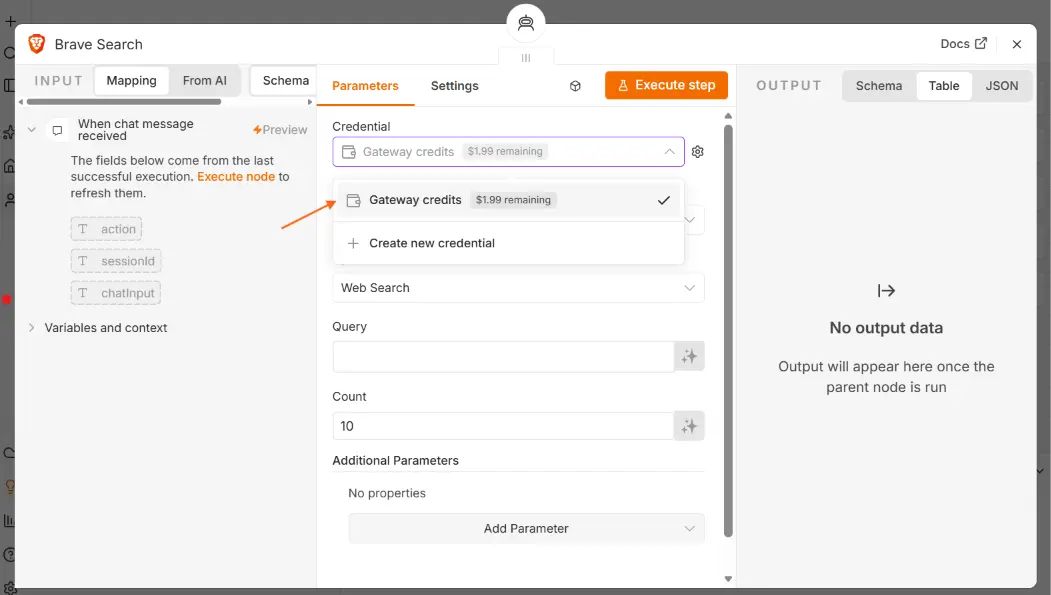 Brave Search node in n8n with Gateway Credits selected in the Credential field